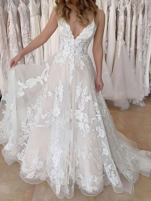 Ball Gown/Princess V-neck Tulle Sweep Train Wedding Dresses With Appliques Lace #Milly00023671