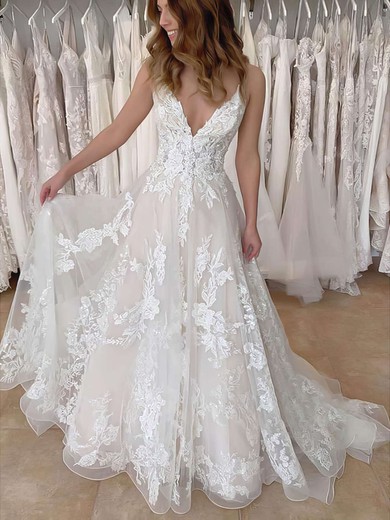 Princess V-neck Tulle Sweep Train Appliques Lace Wedding Dresses #Milly00023671