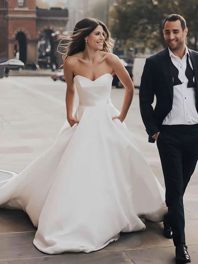 Ball Gown Sweetheart Satin Court Train Wedding Dresses With Pockets #Milly00023672
