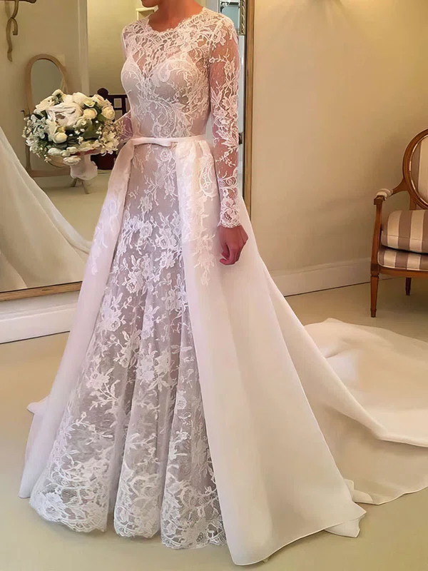 Ball Gown Illusion Lace Court Train Wedding Dresses With Sashes / Ribbons #Milly00023673