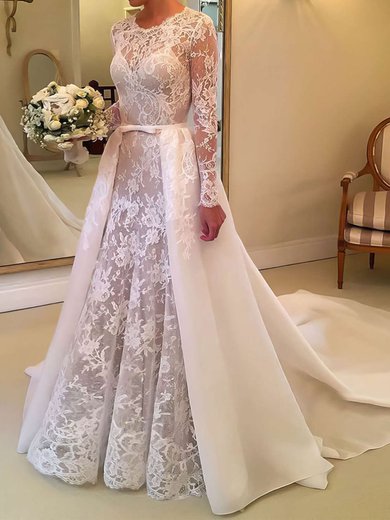 Ball Gown Illusion Lace Court Train Wedding Dresses With Sashes / Ribbons #Milly00023673