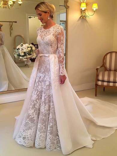 Ball Gown Illusion Lace Court Train Wedding Dresses With Sashes / Ribbons #Milly00023673