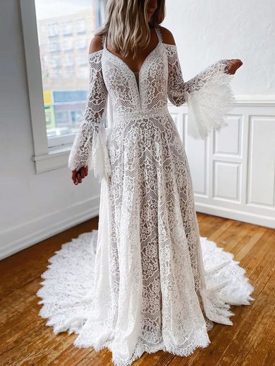 A-line V-neck Lace Sweep Train Wedding Dresses #Milly00023674
