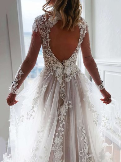 A-line V-neck Tulle Sweep Train Appliques Lace Wedding Dresses #Milly00023675