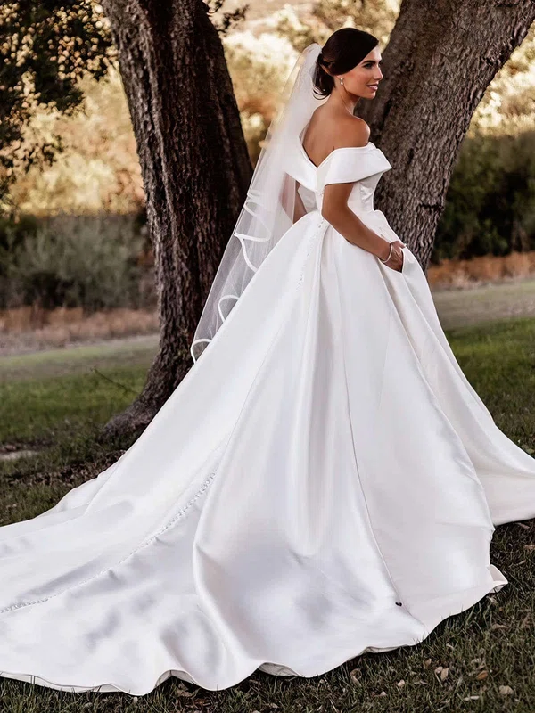 Ball Gown Off-the-shoulder Satin Court Train Wedding Dresses With Pockets #Milly00023676
