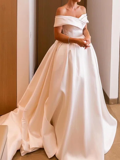 High Neck Satin Princess Backless Wedding Dress With Pockets