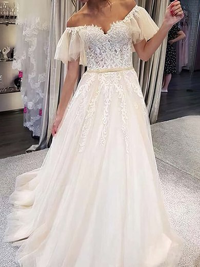 Ball Gown/Princess Off-the-shoulder Tulle Sweep Train Wedding Dresses With Appliques Lace #Milly00023678