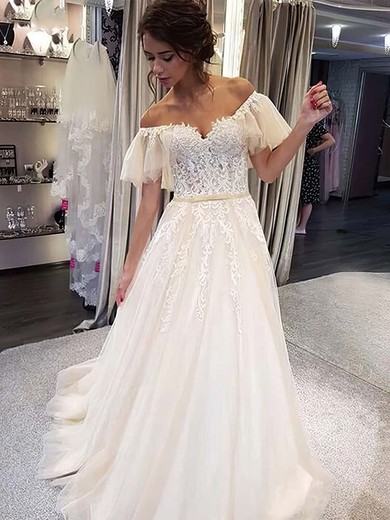 Ball Gown Off-the-shoulder Tulle Sweep Train Wedding Dresses With Appliques Lace #Milly00023678