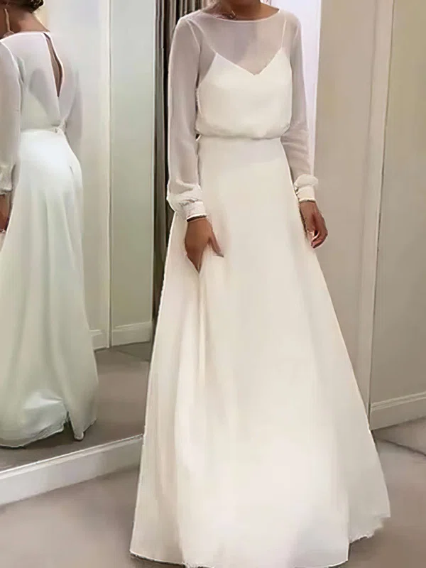 A-line Illusion Chiffon Floor-length Wedding Dresses #Milly00023682