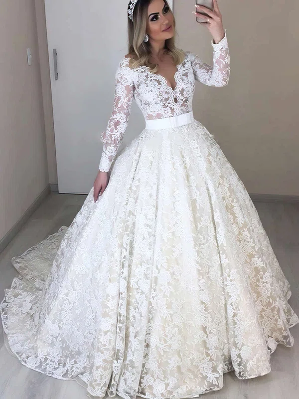 Ball Gown Illusion Lace Sweep Train Wedding Dresses With Sashes / Ribbons #Milly00023683