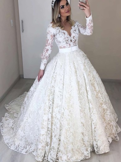Ball Gown Illusion Lace Sweep Train Wedding Dresses With Sashes / Ribbons #Milly00023683