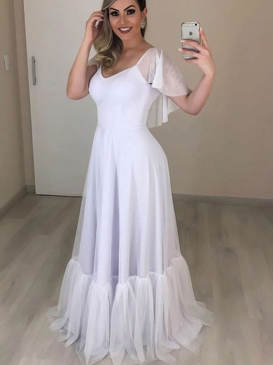 A-line V-neck Tulle Floor-length Wedding Dresses #Milly00023684