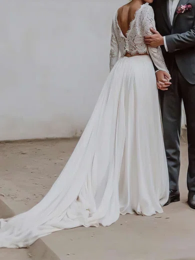 A-line Scoop Neck Lace Chiffon Sweep Train Wedding Dresses #Milly00023685