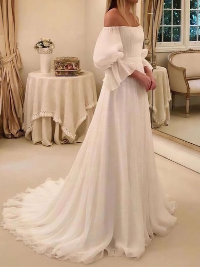 A-line Off-the-shoulder Chiffon Sweep Train Wedding Dresses With Ruffles #Milly00023686