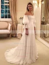 A-line Off-the-shoulder Chiffon Sweep Train Pleats Wedding Dresses #Milly00023686