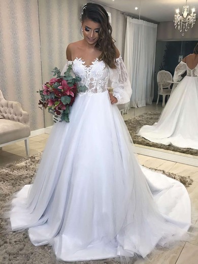 Ball Gown Off-the-shoulder Tulle Sweep Train Wedding Dresses With Appliques Lace #Milly00023687