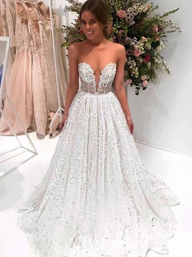 Ball Gown Illusion Tulle Sweep Train Wedding Dresses With Beading #Milly00023688