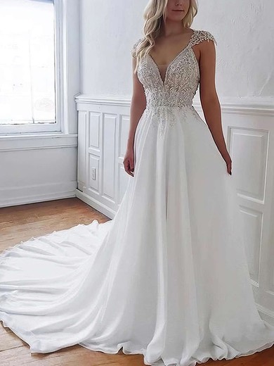 A-line V-neck Chiffon Court Train Wedding Dresses With Beading #Milly00023690