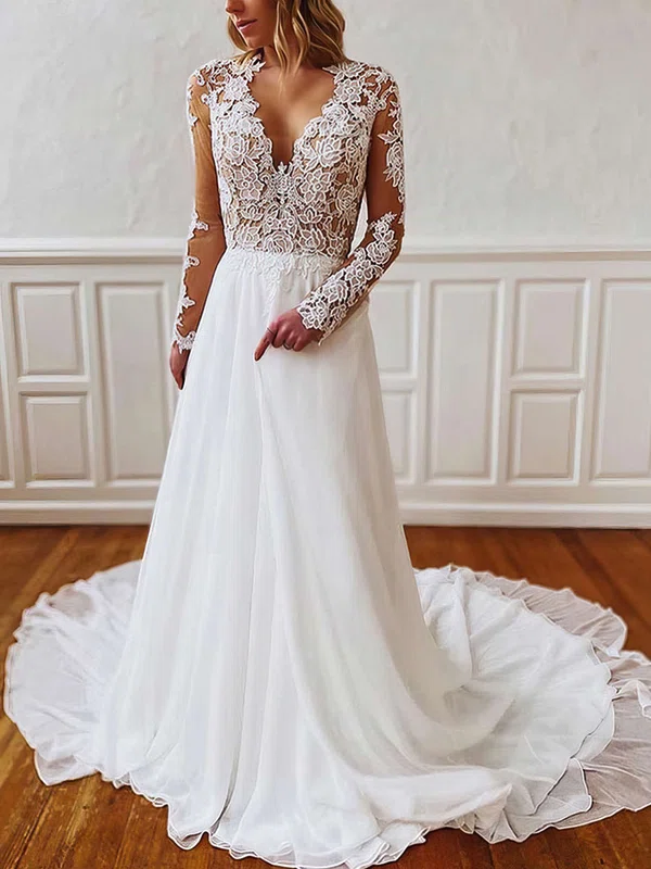 A-line V-neck Chiffon Court Train Wedding Dresses With Appliques Lace #Milly00023691