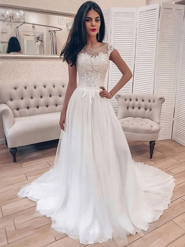 Ball Gown Illusion Tulle Sweep Train Wedding Dresses With Appliques Lace #Milly00023694