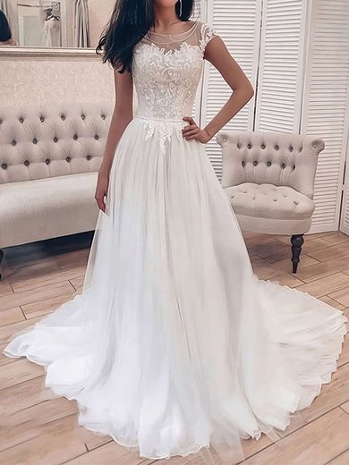 Ball Gown Illusion Tulle Sweep Train Wedding Dresses With Appliques Lace #Milly00023694