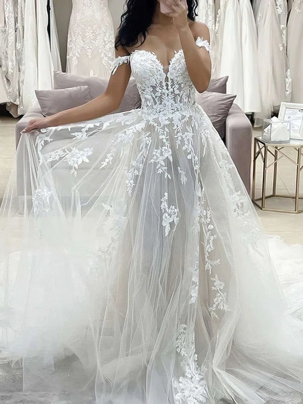 Ball Gown Off-the-shoulder Tulle Sweep Train Wedding Dresses With Appliques Lace #Milly00023695