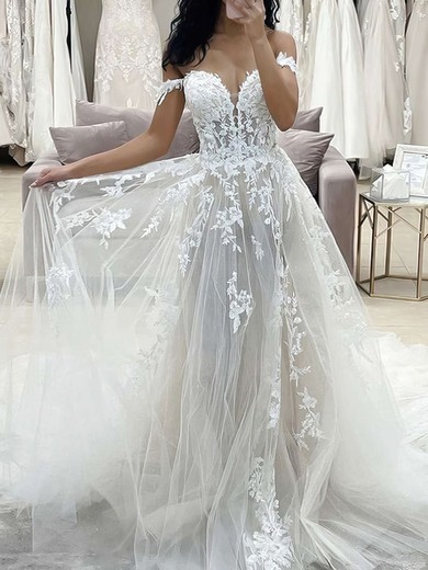 A-line Off-the-shoulder Tulle Sweep Train Appliques Lace Wedding Dresses #Milly00023695