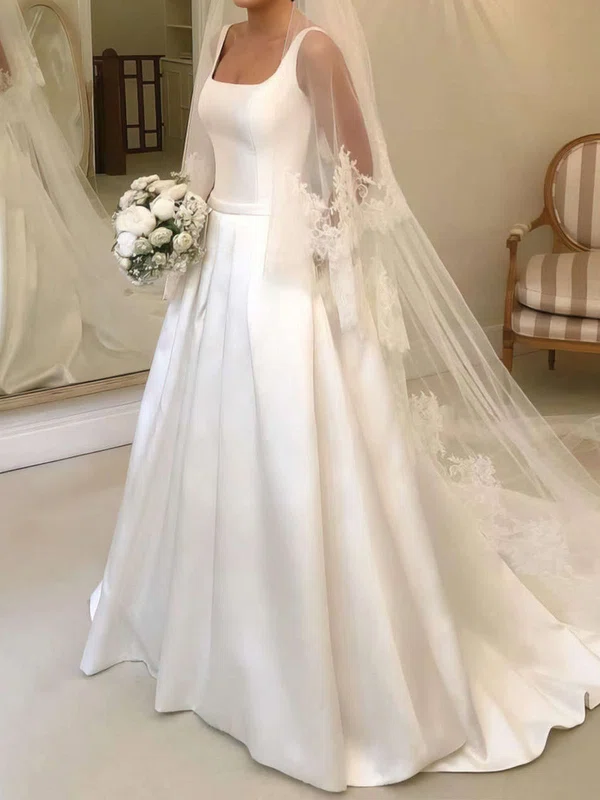 Ball Gown/Princess Square Neckline Satin Sweep Train Wedding Dresses With Pockets #Milly00023697