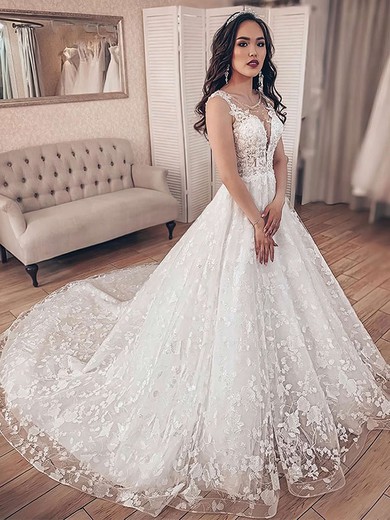 Ball Gown Scoop Neck Lace Court Train Beading Wedding Dresses #Milly00023698