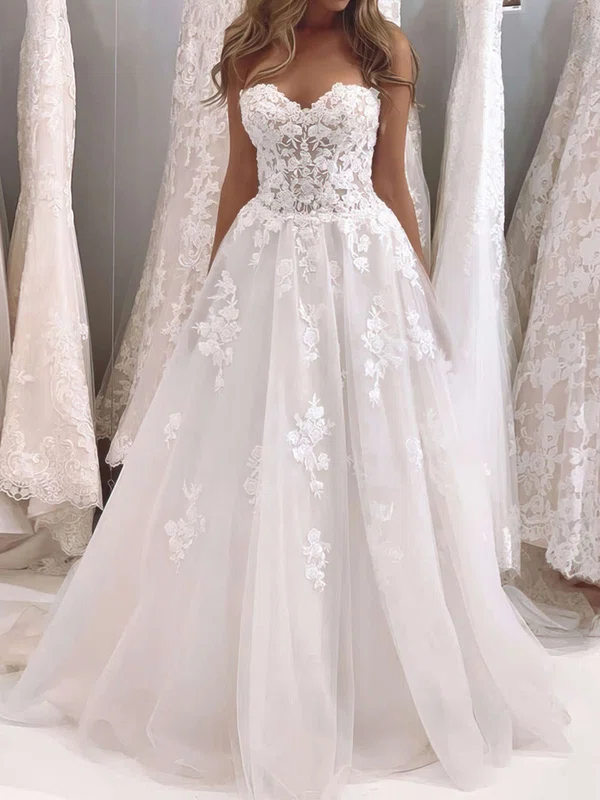 Ball Gown/Princess Sweetheart Tulle Sweep Train Wedding Dresses With Appliques Lace #Milly00023699