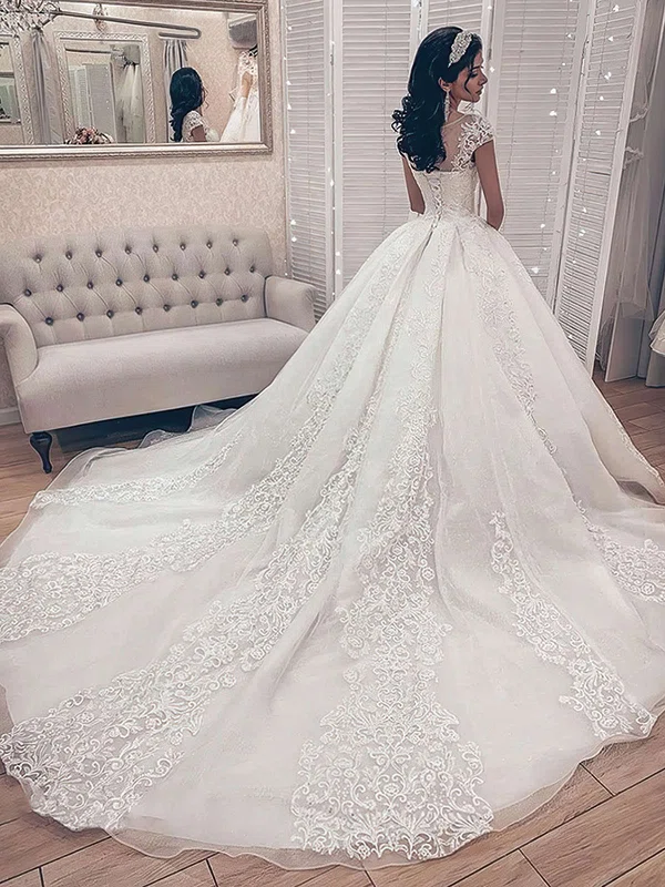 Ball Gown Illusion Tulle Court Train Wedding Dresses With Appliques Lace #Milly00023702