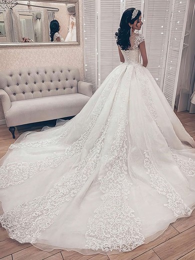 Ball Gown Scoop Neck Tulle Court Train Appliques Lace Wedding Dresses #Milly00023702