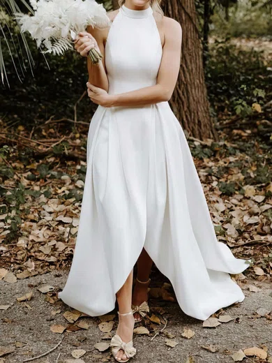 A-line High Neck Satin Sweep Train Wedding Dresses #Milly00023704