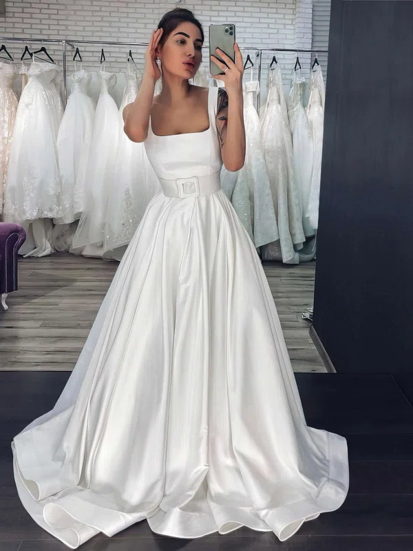Ball Gown Square Neckline Satin Sweep Train Wedding Dresses With Sashes / Ribbons #Milly00023705