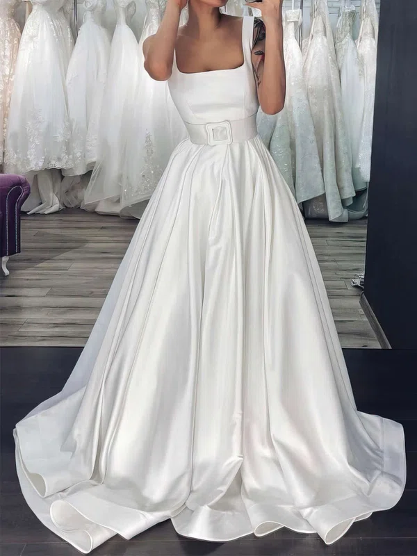 Ball Gown/Princess Square Neckline Satin Sweep Train Wedding Dresses With Sashes / Ribbons #Milly00023705