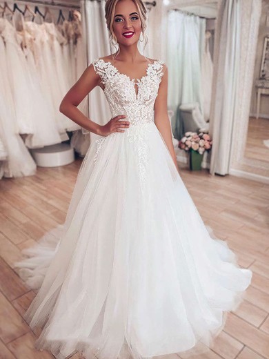 Ball Gown Illusion Tulle Sweep Train Wedding Dresses With Appliques Lace #Milly00023709