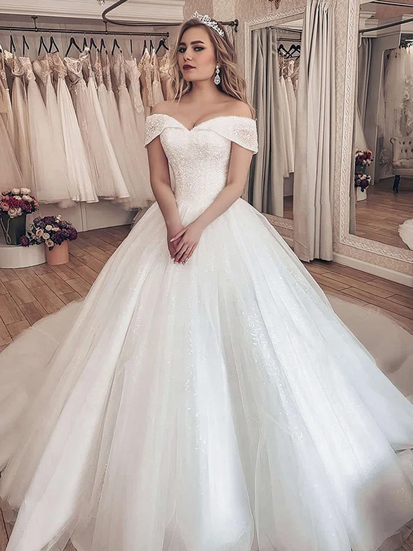 Ball Gown Off-the-shoulder Tulle Court Train Wedding Dresses With Beading #Milly00023712