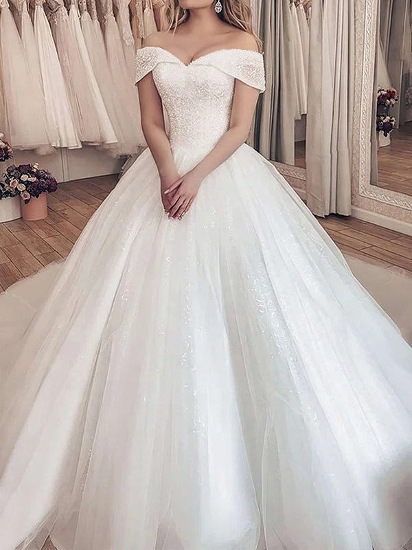 Ball Gown/Princess Off-the-shoulder Tulle Court Train Wedding Dresses With Beading #Milly00023712