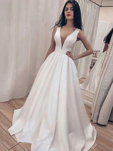 Ball Gown V-neck Satin Sweep Train Wedding Dresses #Milly00023713
