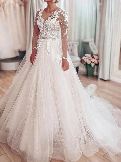 Ball Gown/Princess Illusion Tulle Sweep Train Wedding Dresses With Appliques Lace #Milly00023714