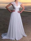 A-line V-neck Lace Chiffon Sweep Train Wedding Dresses With Sashes / Ribbons #Milly00023715