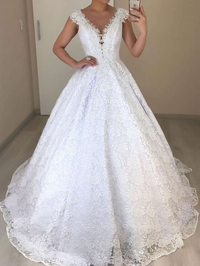 Ball Gown/Princess Illusion Lace Sweep Train Wedding Dresses With Appliques Lace #Milly00023718