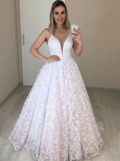 Ball Gown V-neck Lace Sweep Train Wedding Dresses #Milly00023719
