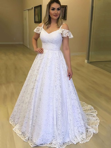 Princess V-neck Lace Sweep Train Wedding Dresses #Milly00023720