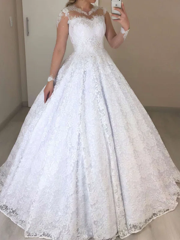 Ball Gown/Princess Illusion Lace Floor-length Wedding Dresses With Beading #Milly00023721