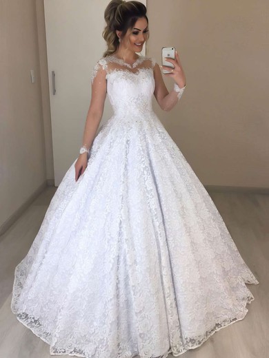 Ball Gown Scoop Neck Lace Floor-length Beading Wedding Dresses #Milly00023721