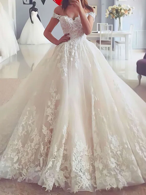 Ball Gown/Princess Off-the-shoulder Tulle Floor-length Wedding Dresses With Appliques Lace #Milly00023723