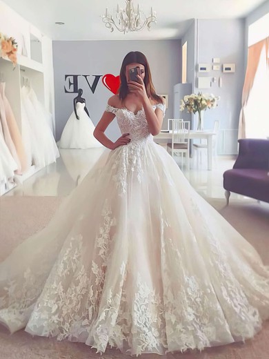 Ball Gown Off-the-shoulder Tulle Floor-length Wedding Dresses With Appliques Lace #Milly00023723