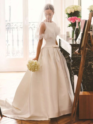 Ball Gown Scoop Neck Satin Sweep Train Bow Wedding Dresses #Milly00023727