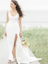 A-line V-neck Satin Sweep Train Wedding Dresses With Split Front #Milly00023728